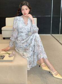 DAZY Đầm dài tay cổ chữ V in họa tiết cây cỏ dành cho nữ, thích hợp mặc đi nghỉ mát. - trắng - Xem 6