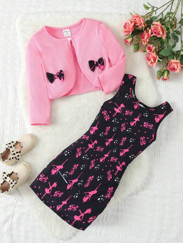 European And American Style Baby Girls' Swan Dancer Allover Print Dress With Water Drop Shawl Shoulder Shirt Combination Set