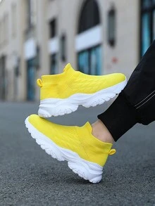 Spring/Summer Girls' & Boys' Breathable Lightweight Sneakers With Sports Socks Style, Suitable For Hiking And Outdoor Activities - Yellow - View 5