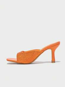 Women's Mid-Heel Chunky Heels Slip-On Mules With Rhinestones, Shiny Suede Fabric, Square Toe, Peep Toe And Open Back - Orange - View 3