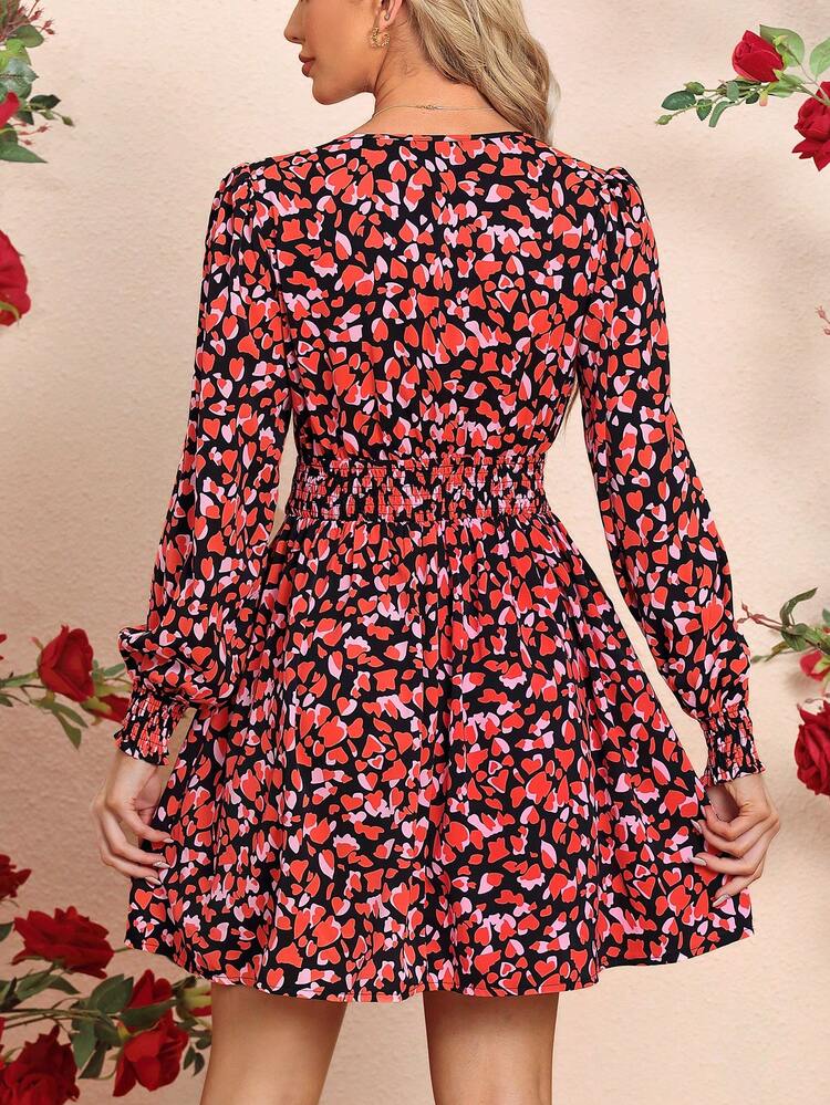 Women's Full Printed Heart Design Waist Cinching A-Line Dress