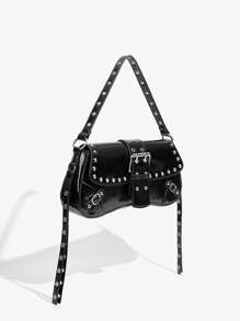 SHEIN X Lucía Bellido SHEIN SXY 時尚黑色釘扣肩袋，適用於女性，百搭購物袋，街頭酷感包，青少年適用 - 黑色 - 查看 3