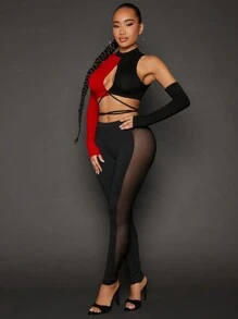 SHEIN SXY 女士黑色和紅色對比色空心短上衣,附袖子束帶 - 紅色和黑色 - 查看 4