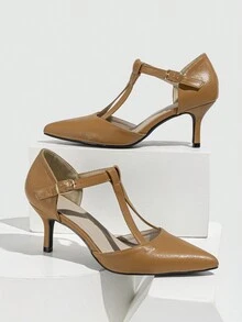女士時尚春季尖頭帶扣高跟鞋 - 卡其色 - 查看 3