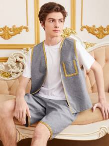 SHEIN 青少年男生金色緞帶馬甲和短褲套裝