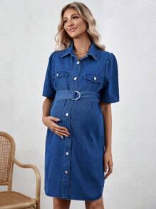 SHEIN Vestido De Mezclilla De Maternidad Con Botones De Solapa