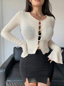 DAZY Women's Solid Color Bell Sleeve T-Shirt Long Sleeve Women Tops - Apricot - View 5