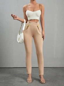 SHEIN Ladies' Solid Color Pleated Pants