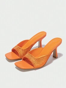 Women's Mid-Heel Chunky Heels Slip-On Mules With Rhinestones, Shiny Suede Fabric, Square Toe, Peep Toe And Open Back - Orange - View 4