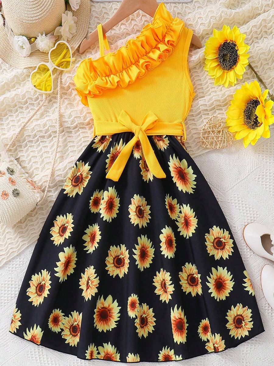 青少年女孩向日葵印花不對稱領無袖連衣裙