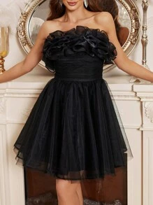 SHEIN Belle Women's Mesh Ruffle Pleating Detailing Cocktail Dress With A-Line Dress - Black - View 3