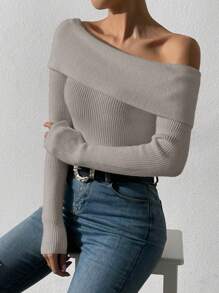 SHEIN Unity Off Shoulder Gợi cảm Linh hoạt Áo len - Xám - Xem 5