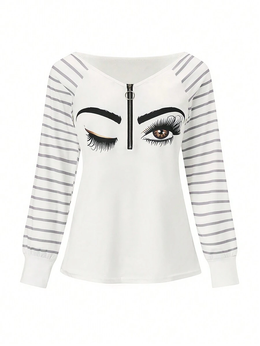 SHEIN LUNE Mesh Splice Character Print Raglan Sleeve T-Shirt - White - View 1