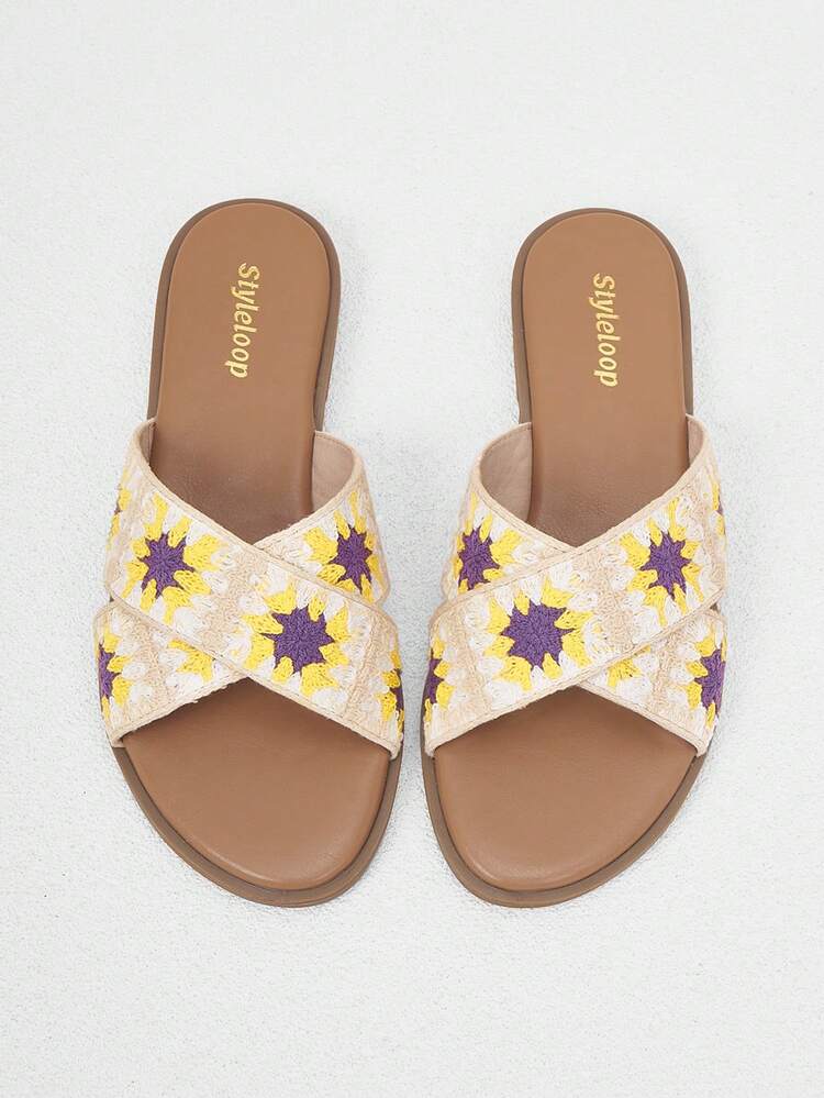 Vacation Slide Sandals For Women, Colorblock Braided Detail Ring Decor Sandals,Women's Fashionable And Comfortable Retro Style Flat Sandals