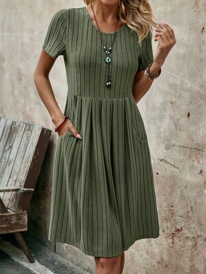 EMERY ROSE Women's Round-Neck Short-Sleeve Military Green Mid-Length Dress For The Summer