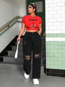 SHEIN ICON 大尺碼女裝寬鬆高腰黑色撕破直筒褲