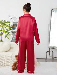 SHEIN Teenage Girls' Simulated Silk Contrast Trim Shirt And Pants Homewear Set - Burgundy - View 2