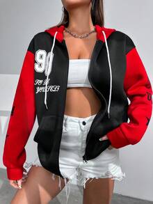 SHEIN Unity Color Block Long Hoodie With Letter Print, Zipper And Drawstring Design - Red - View 3