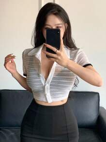 DAZY Women's Hollow Out Knitted Cropped T-Shirt Sheer - White - View 9