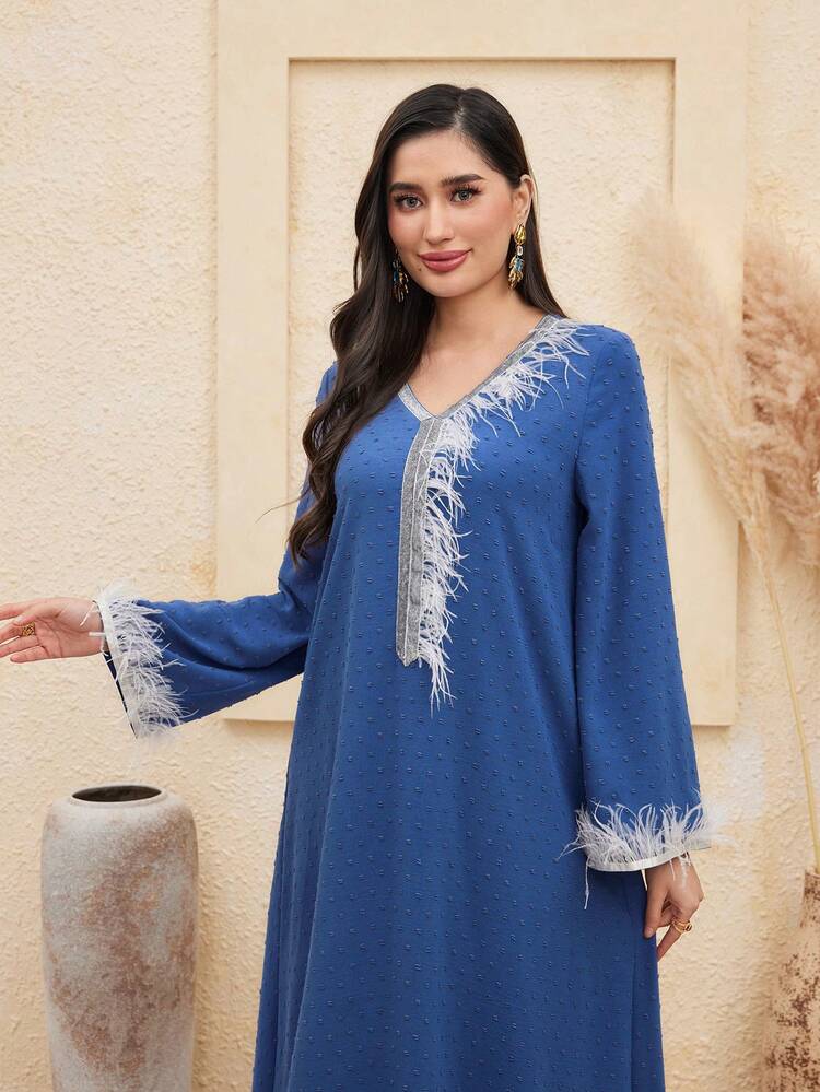 Feather Trim Bell Sleeve Swiss Dot Dress