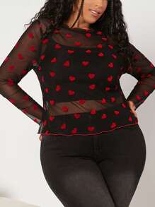 SHEIN CURVE+ Plus Size Women's Love Mesh Top/Valentine's Day - Black - View 1