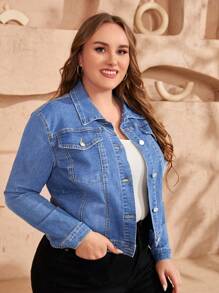 Chaqueta De Mezclilla Lavada De Talla Grande Con Botones - Lavado ligero - Ver 5