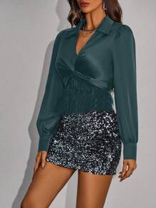 Zolique 捲邊細節和流蘇下擺長袖上衣 - 墨綠色 - 查看 4