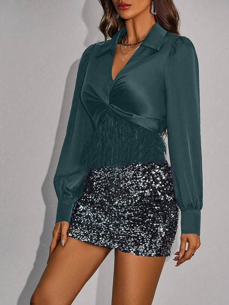 Long Sleeve Blouse With Twist Detailing And Fringe Hem Fall Cloth For Women