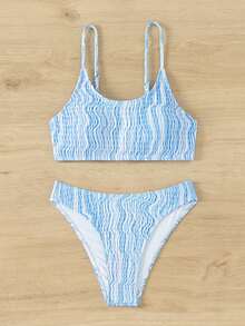 SHEIN Swim 女士花卉印花飘逸细肩带比基尼套装夏季海滩 - 藍白色 - 查看 5