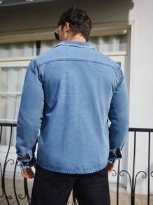 Manfinity Roughcore Frayed Edge Decor Button Up Denim Shirt - Baby Blue - View 2