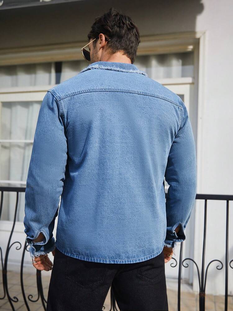 Frayed Edge Decor Button Up Denim Shirt