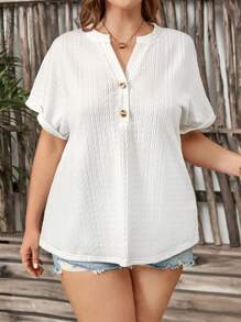 SHEIN LUNE Women's Plus Size Batwing Short Sleeve T-Shirt With V-Neckline And Notch Design - White - View 6