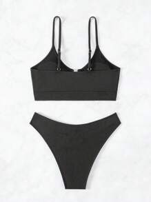 SHEIN Swim 女士纯色 V 领镂空比基尼套装 夏季 - 黑色 - 查看 2