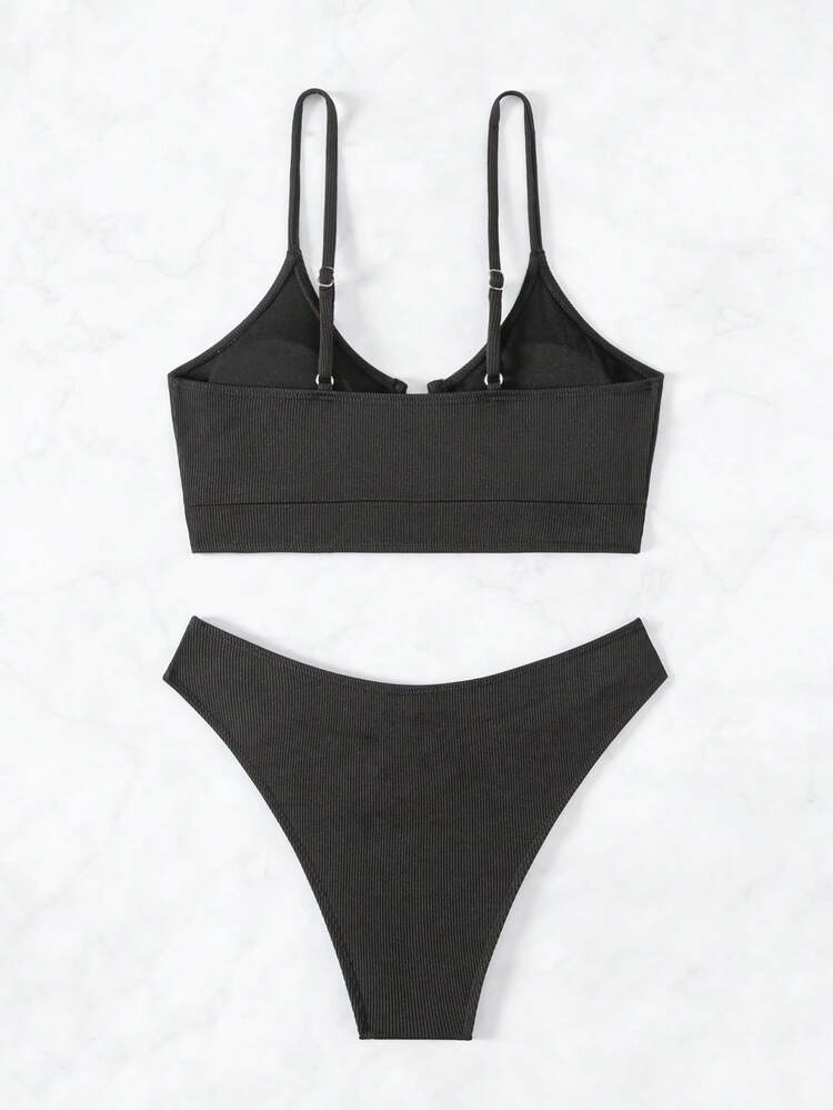 Women'S Solid Color Bikini Set With V-Neck Cutout Summer