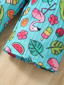 舒適可愛的嬰兒女孩火烈鳥印花波浪條紋紋理短袖連體裝 - 彩色 - 查看 4