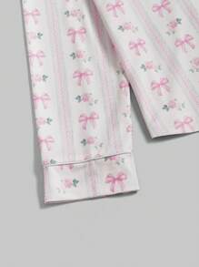 ROMWE Kawaii Himekaji Bowknot Print Long Sleeve Shirt And Pants Pajama Set, School - Multicolor - View 3