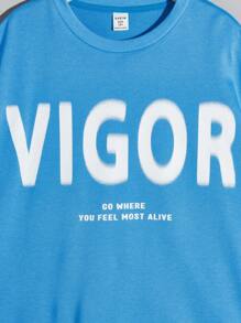 SHEIN Cậu bé Tween Giải trí In thư 2 trong1 Ngắn tay Áo thun Với Khối màu Thiết kế Và Quần short Dệt kim Hai chiếc Bộ - Màu xanh lam - Xem 3