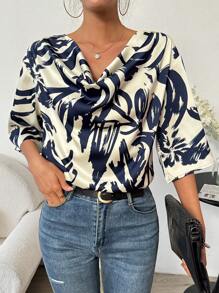 SHEIN LUNE Women'S Loose Printed Draped Design Shirt - Royal Blue - View 6