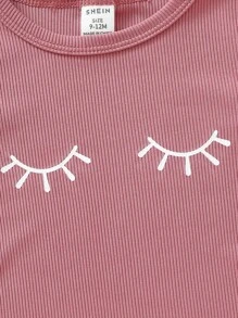 Baby Girl Cartoon Eyelash & Cloud Print Long Pants And Long Sleeves Snug Fit Homewear Set - Dusty Pink - View 7