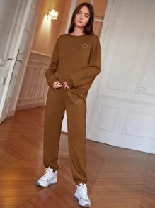 SHEIN Frenchy 女士心形印花下垂肩運動衫和運動長褲套裝 - 棕色 - 查看 5