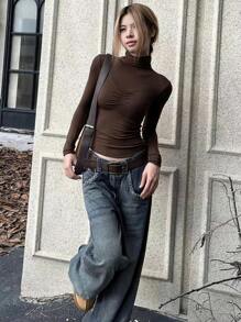 SHEIN EZwear This Week Turtleneck Long Sleeve T-shirt - Coffee Brown - View 5