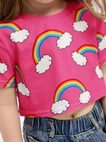SHEIN Leap Crew Young Girl Comfortable And Lovely Rainbow & Cloud Print T-Shirt For Casual Wear - Hot Pink - View 4