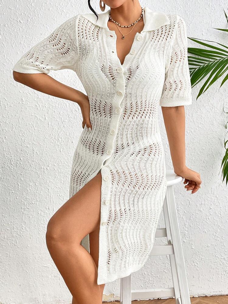Ladies' Knitted Hollow Out Button Front Sweater Dress
