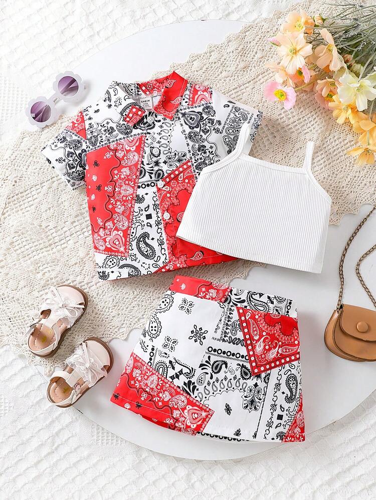 3pcs/Set Baby Girl Paisley Print Short Sleeve Shirt, Shorts, And Solid Ribbed Knit Camisole Tank Top Summer Outfits