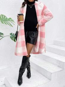 SHEIN Áo khoác dài tay kẻ caro lông cừu cho bà bầu, dành cho mùa đông - Hồng - Xem 5