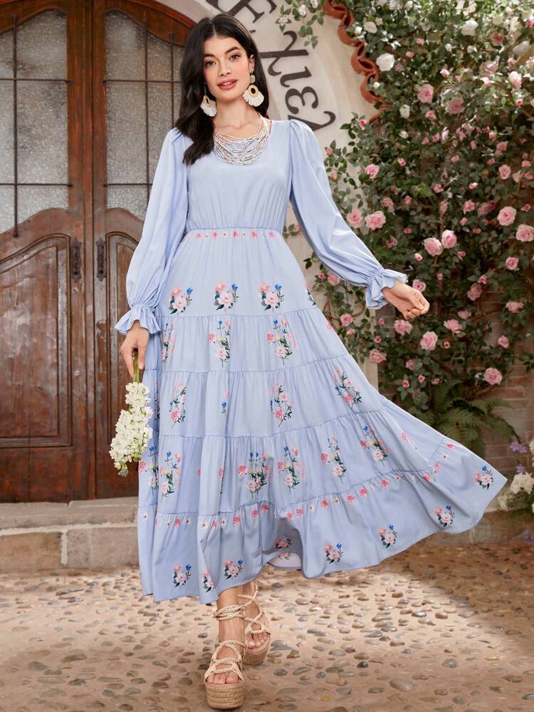 Floral Print Ruffle Sleeve A Line Dress