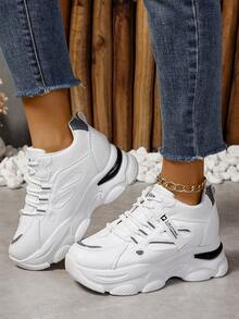 Women's Chunky Sneakers With Wedge Heel, White Colorblock Upper, Chunky Shoes Style Lace-Up - White - View 3