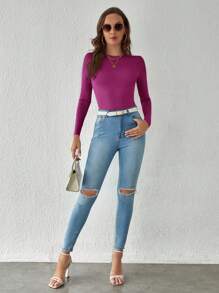 SHEIN BASICS 女士實色修身長袖連身衣 - 中紫紅色 - 查看 4