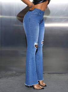 SHEIN SXY 破洞豹纹拼接喇叭牛仔裤 - 深色水洗藍 - 查看 4