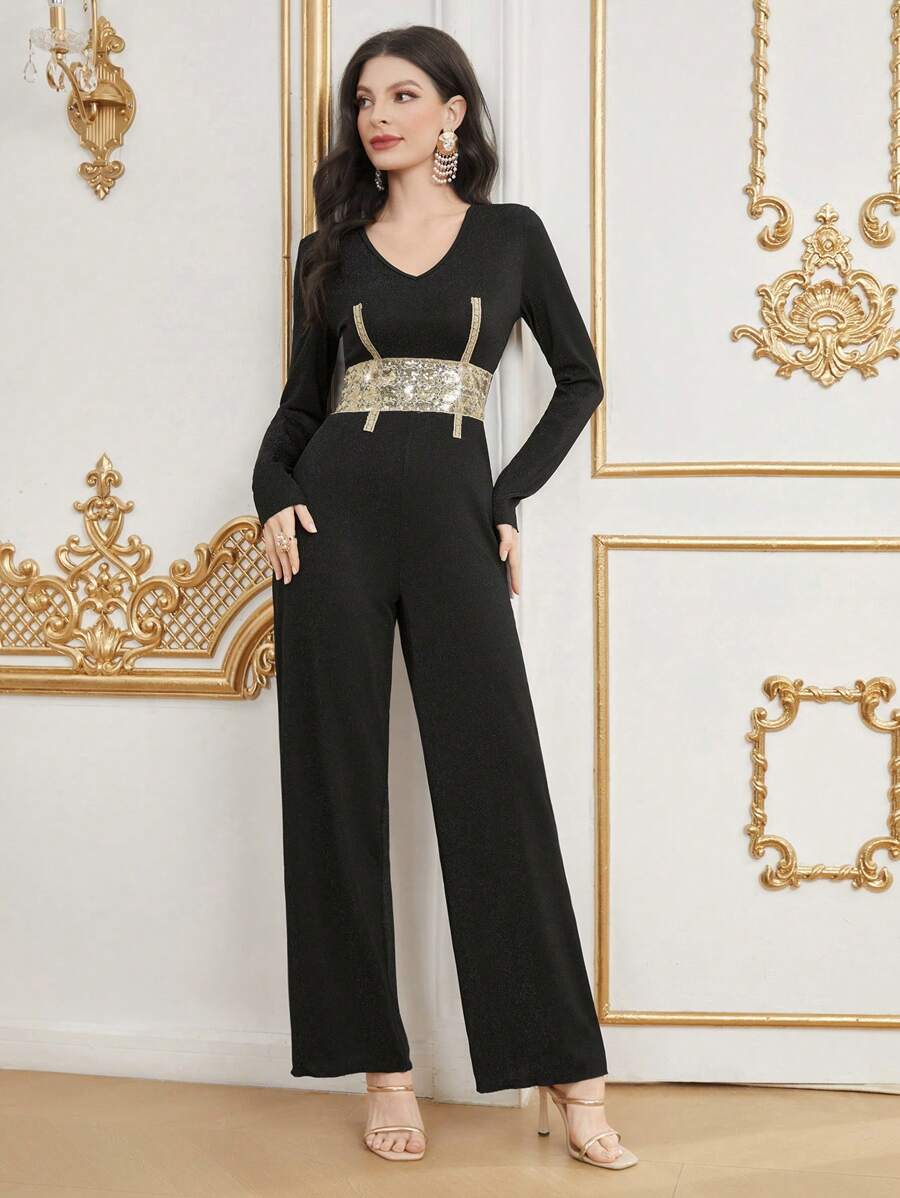 Modelyn 顏色塊閃亮面v領長袖連身褲 - 黑色 - 查看 1